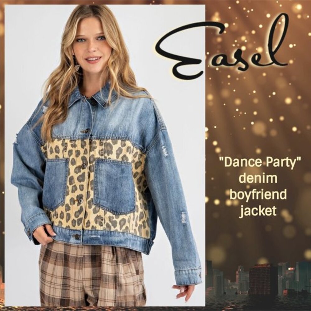 Easel โDance Partyโ Trendy Leopard/Animal & Denim Print Boxy Jacket Distressing